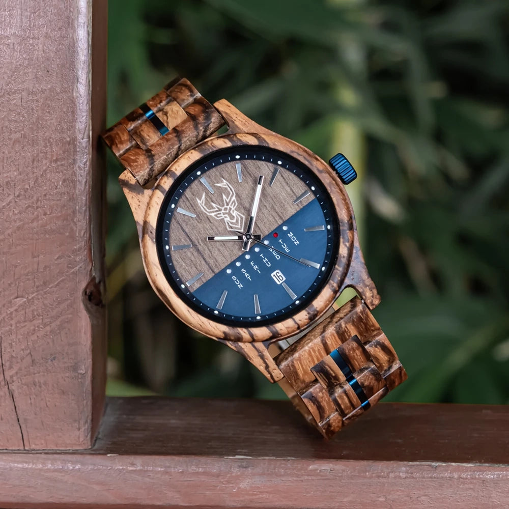 BUCK WATCHES Men's Watches Niche Wooden Wristwatch Unique Quartz Watch for Men Week & Date Display