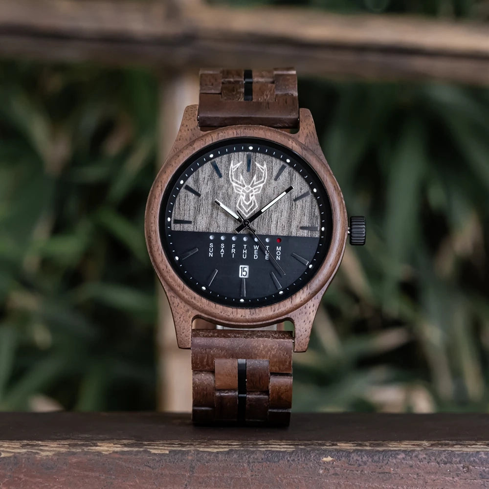 BUCK WATCHES Men's Watches Niche Wooden Wristwatch Unique Quartz Watch for Men Week & Date Display