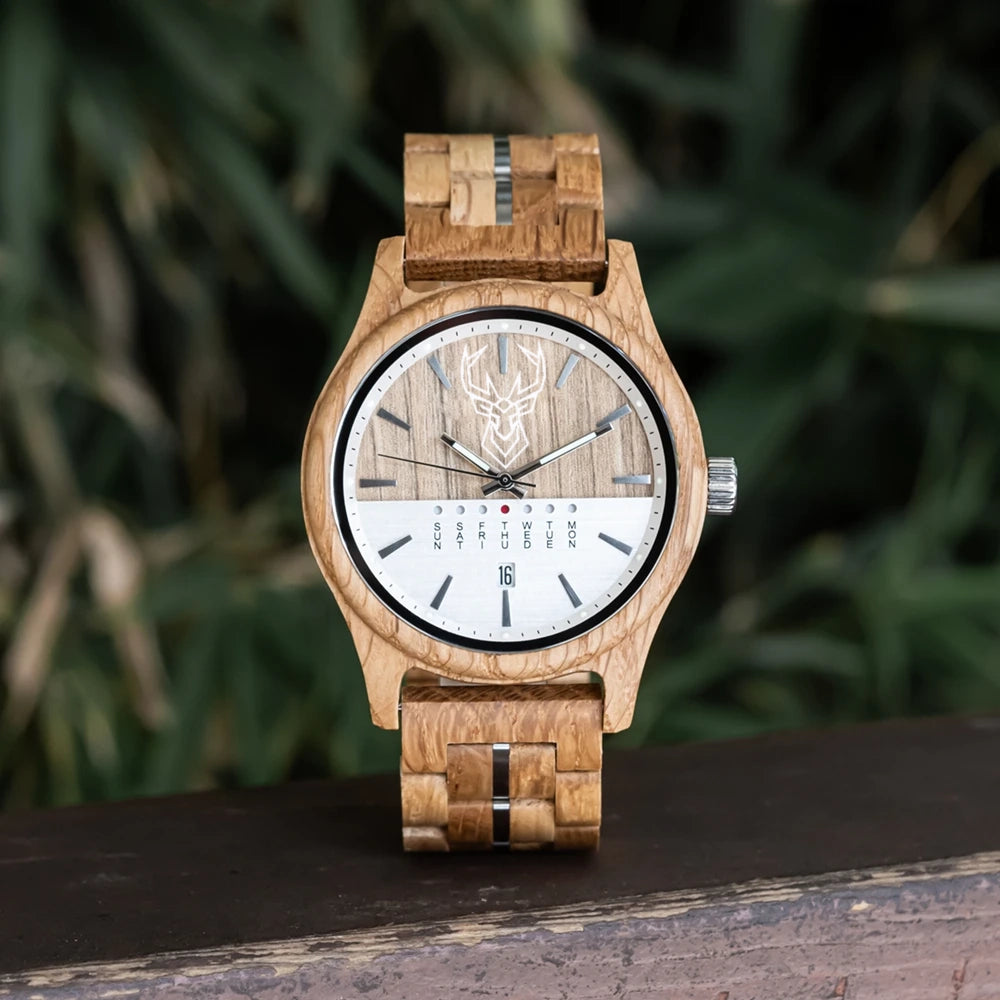 BUCK WATCHES Men's Watches Niche Wooden Wristwatch Unique Quartz Watch for Men Week & Date Display