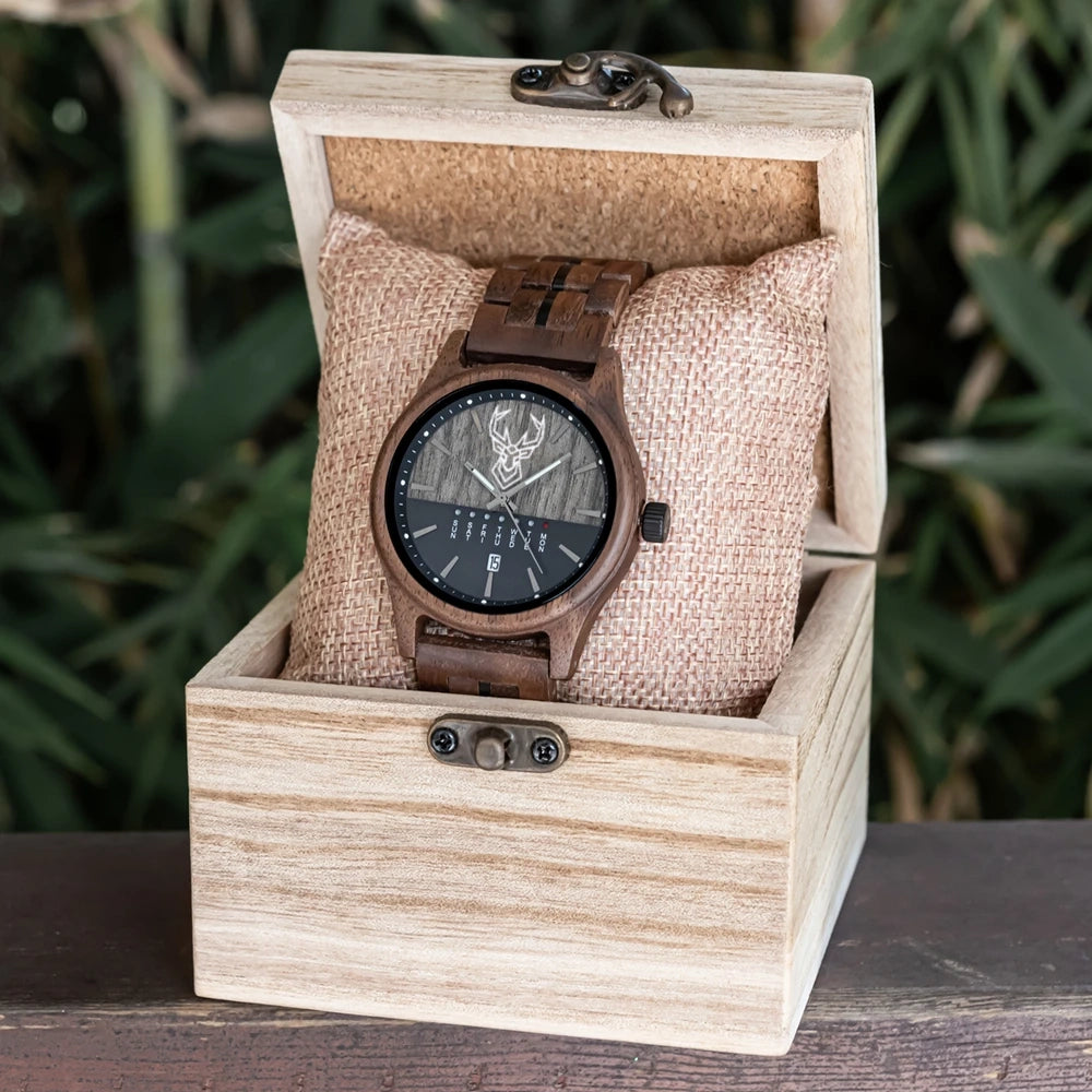 BUCK WATCHES Men's Watches Niche Wooden Wristwatch Unique Quartz Watch for Men Week & Date Display