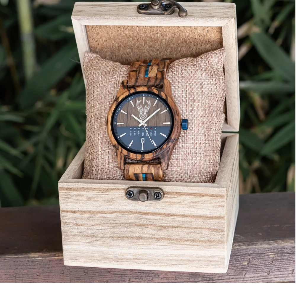 BUCK WATCHES Men's Watches Niche Wooden Wristwatch Unique Quartz Watch for Men Week & Date Display