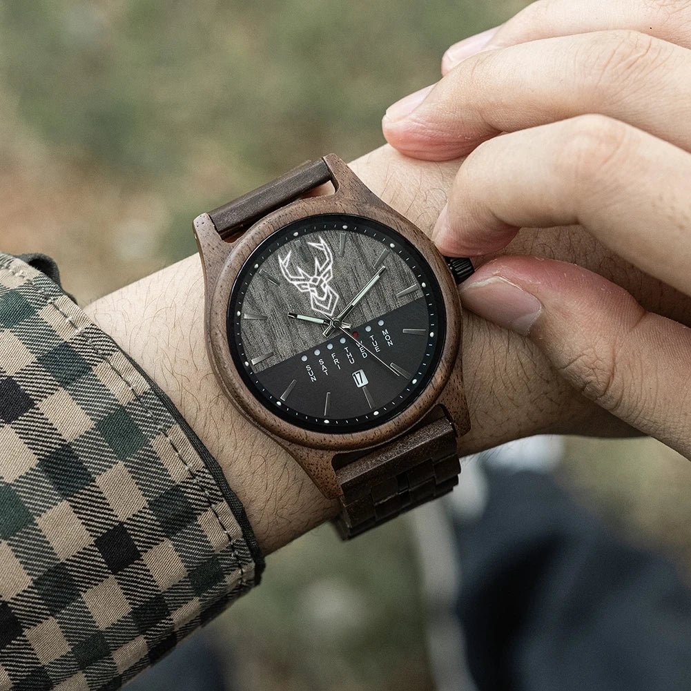 BUCK WATCHES Men's Watches Niche Wooden Wristwatch Unique Quartz Watch for Men Week & Date Display