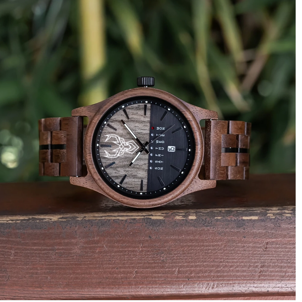 BUCK WATCHES Men's Watches Niche Wooden Wristwatch Unique Quartz Watch for Men Week & Date Display