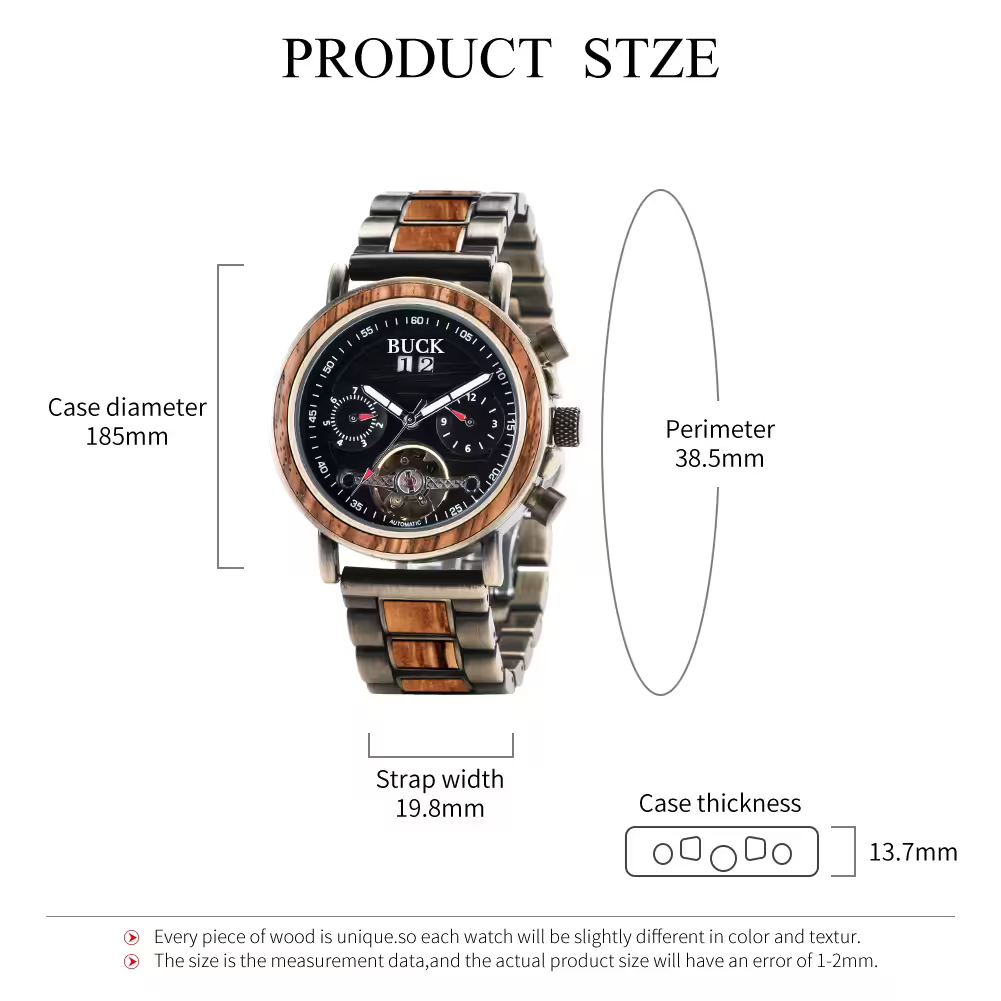 BUCK WATCHES Auto Mechanical Watches Men Women Wood Watch Luminous Hand Business Chronograph Timepiece In Gift Box erkek kol saati