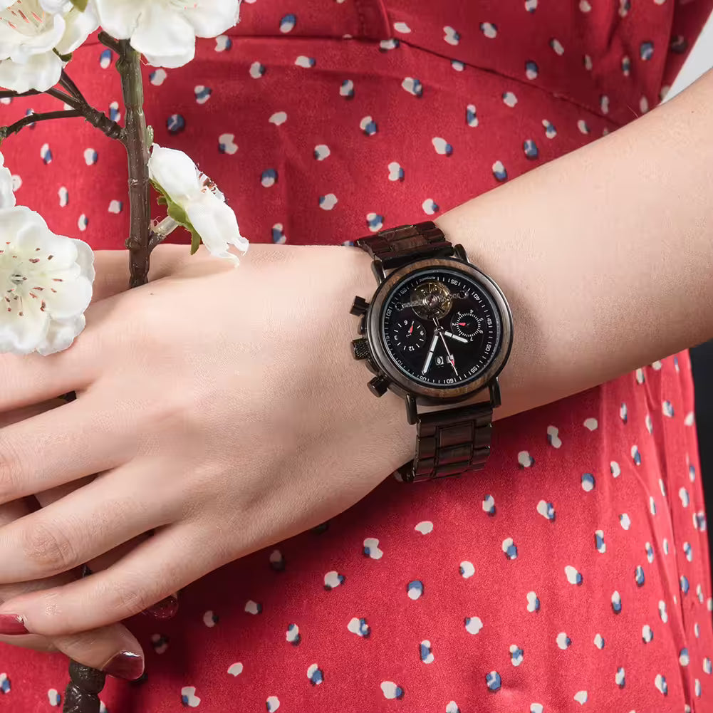 BUCK WATCHES Auto Mechanical Watches Men Women Wood Watch Luminous Hand Business Chronograph Timepiece In Gift Box erkek kol saati
