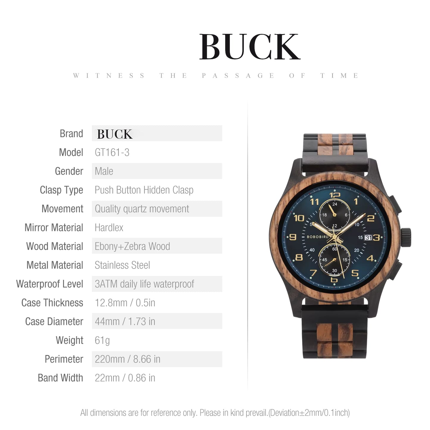 BUCK WATCHES Men's Watches Top Brand Wooden Wristwatch Chronograph Auto Date Luxury Exquisite Watch for Men