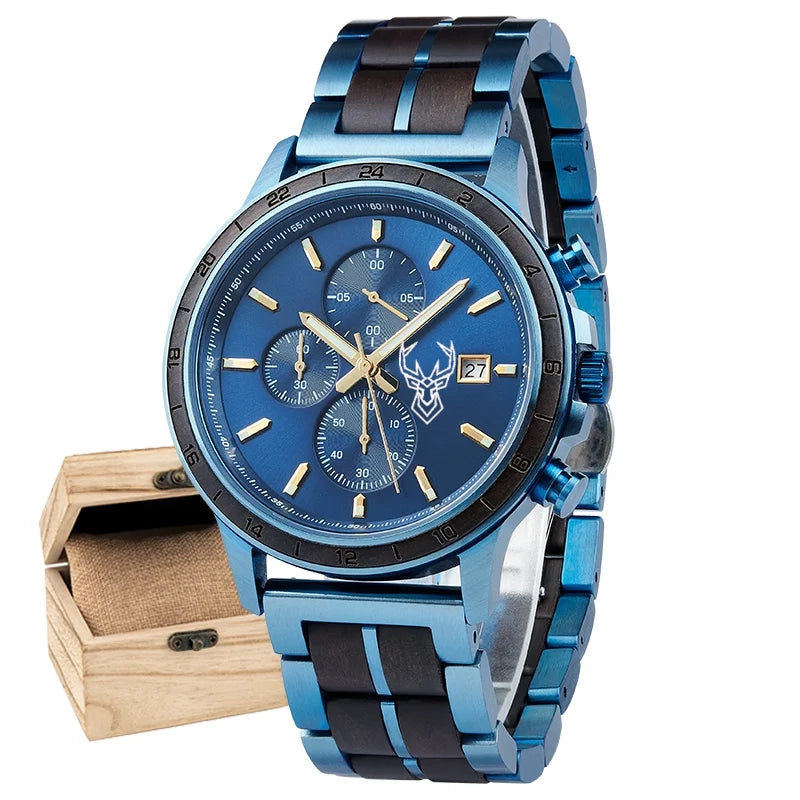 BUCK WATCHES Luxury Men's Watches Wood & Stainless Combined Chronograph Military Quartz Wristwatches