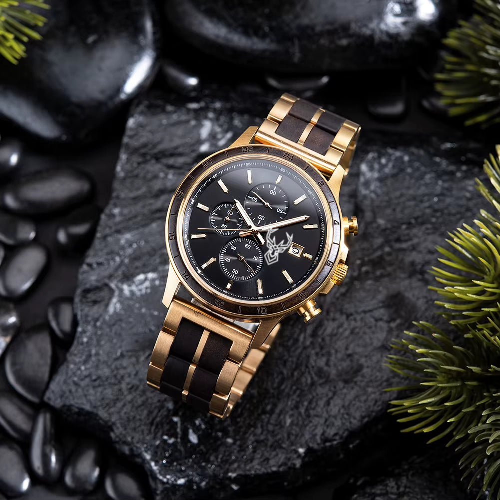 BUCK WATCHES Luxury Men's Watches Wood & Stainless Combined Chronograph Military Quartz Wristwatches