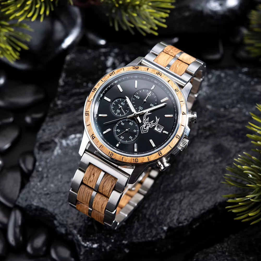BUCK WATCHES Luxury Men's Watches Wood & Stainless Combined Chronograph Military Quartz Wristwatches