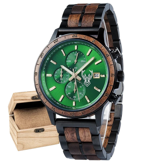 BUCK WATCHES Luxury Men's Watches Wood & Stainless Combined Chronograph Military Quartz Wristwatches