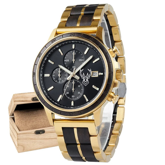 BUCK WATCHES Luxury Men's Watches Wood & Stainless Combined Chronograph Military Quartz Wristwatches