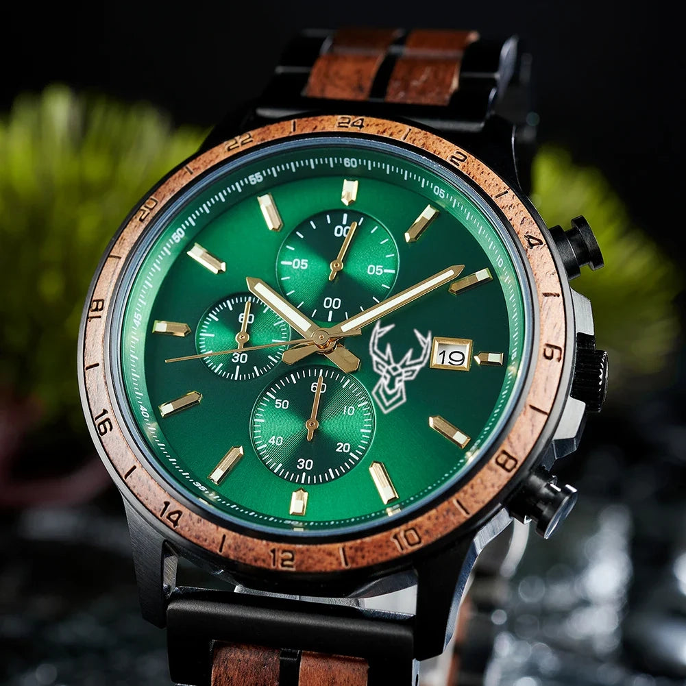 BUCK WATCHES Luxury Men's Watches Wood & Stainless Combined Chronograph Military Quartz Wristwatches