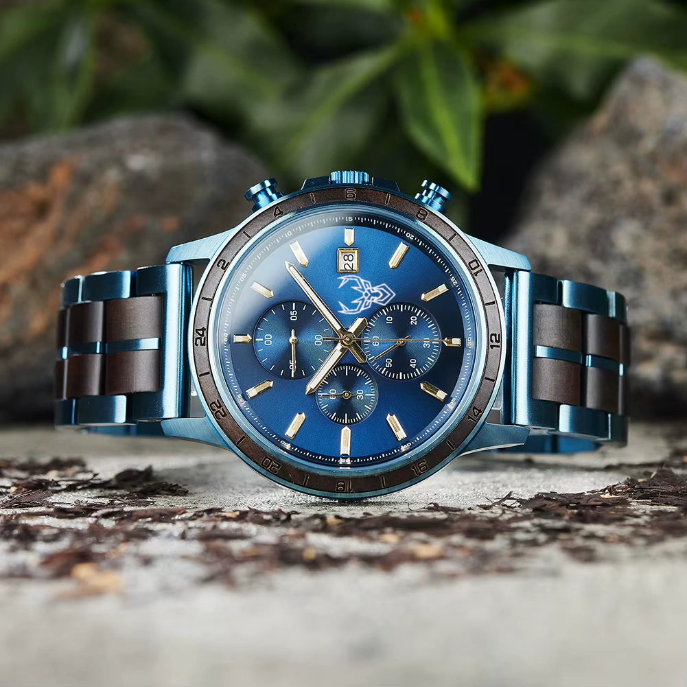 BUCK WATCHES Luxury Men's Watches Wood & Stainless Combined Chronograph Military Quartz Wristwatches