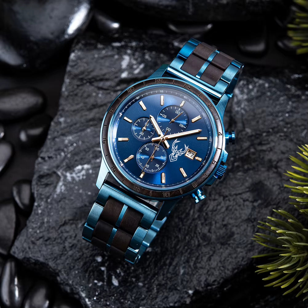 BUCK WATCHES Luxury Men's Watches Wood & Stainless Combined Chronograph Military Quartz Wristwatches