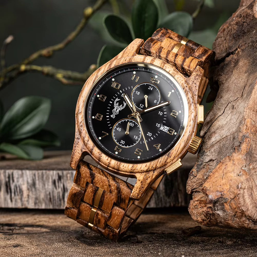 BUCK WATCHES Men's Watches Top Brand Wooden Wristwatch Chronograph Auto Date Luxury Exquisite Watch for Men
