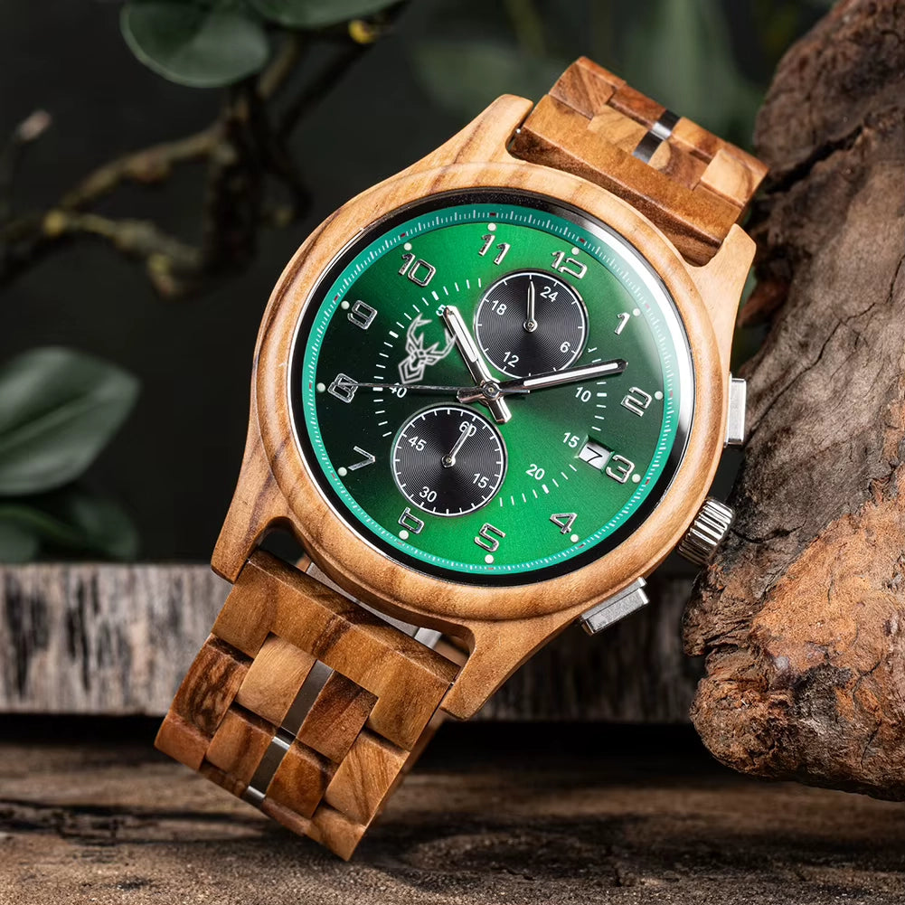 BUCK WATCHES Men's Watches Top Brand Wooden Wristwatch Chronograph Auto Date Luxury Exquisite Watch for Men