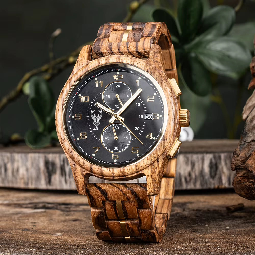 BUCK WATCHES Men's Watches Top Brand Wooden Wristwatch Chronograph Auto Date Luxury Exquisite Watch for Men