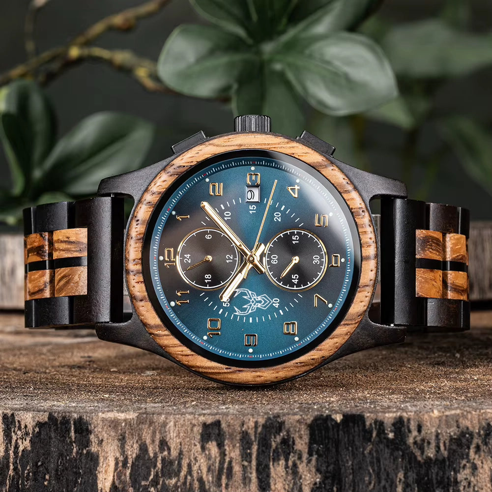 BUCK WATCHES Men's Watches Top Brand Wooden Wristwatch Chronograph Auto Date Luxury Exquisite Watch for Men