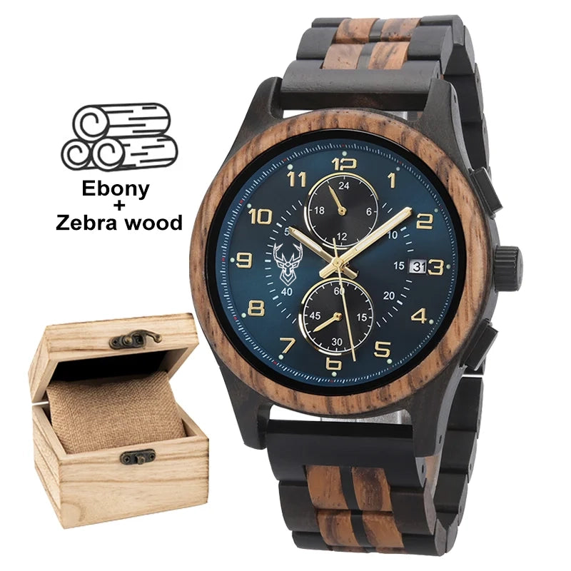 BUCK WATCHES Men's Watches Top Brand Wooden Wristwatch Chronograph Auto Date Luxury Exquisite Watch for Men
