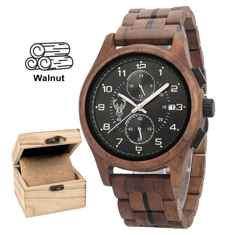 BUCK WATCHES Men's Watches Top Brand Wooden Wristwatch Chronograph Auto Date Luxury Exquisite Watch for Men