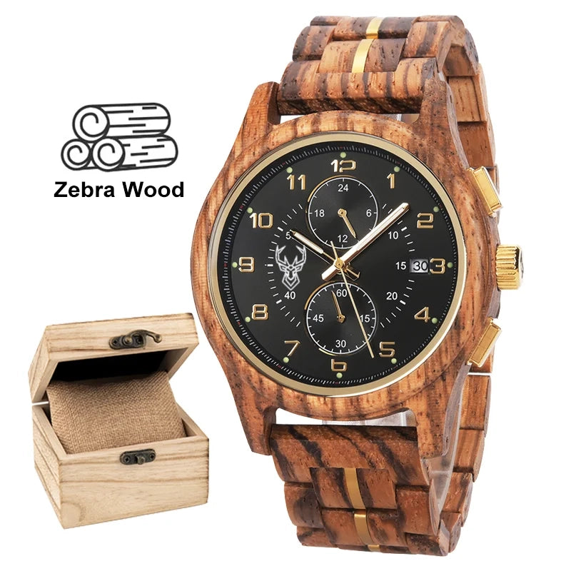 BUCK WATCHES Men's Watches Top Brand Wooden Wristwatch Chronograph Auto Date Luxury Exquisite Watch for Men