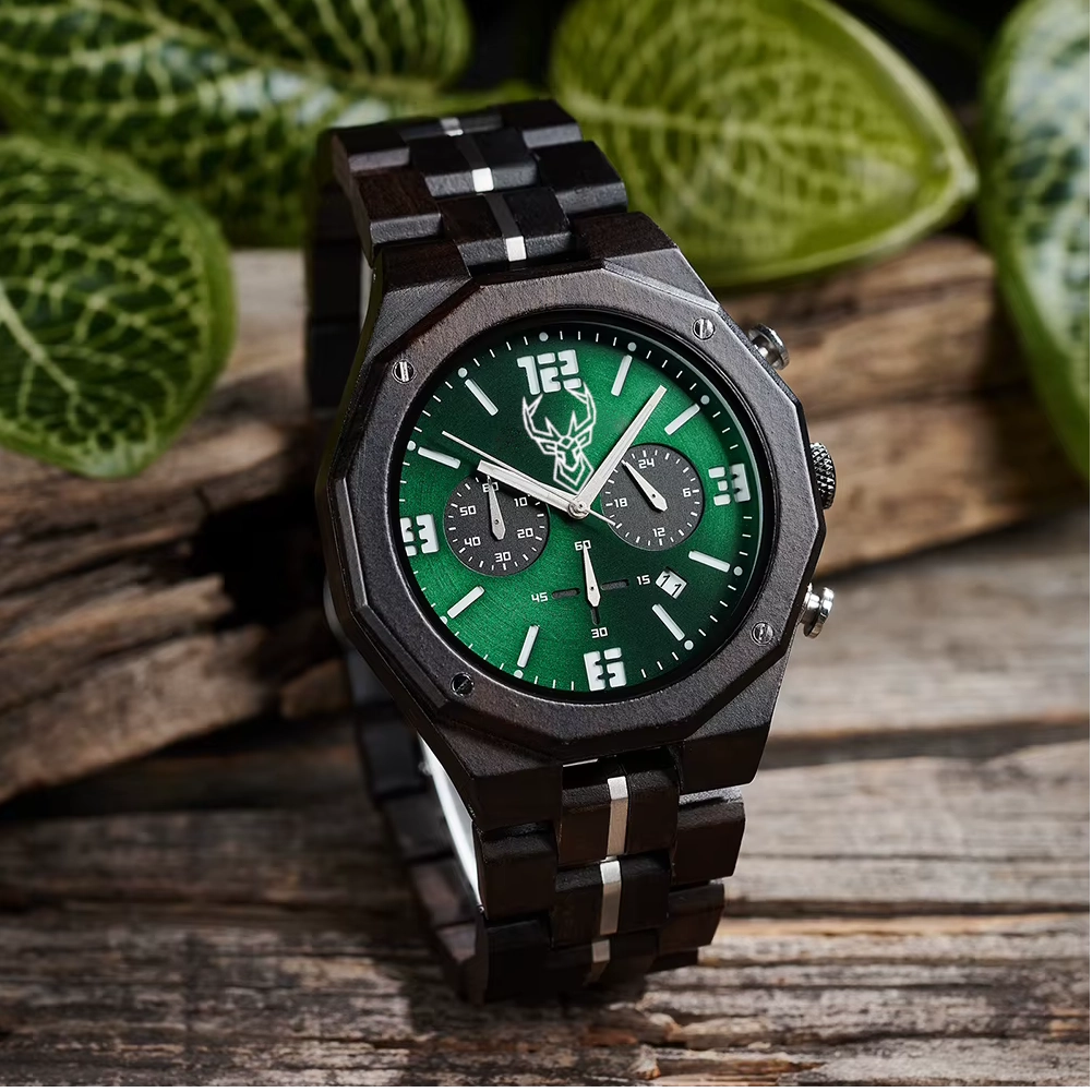 BUCK Men's Wooden Watch Japanese Movement New Top Fashion Quartz Wristwatch Chronograph Military Timepieces