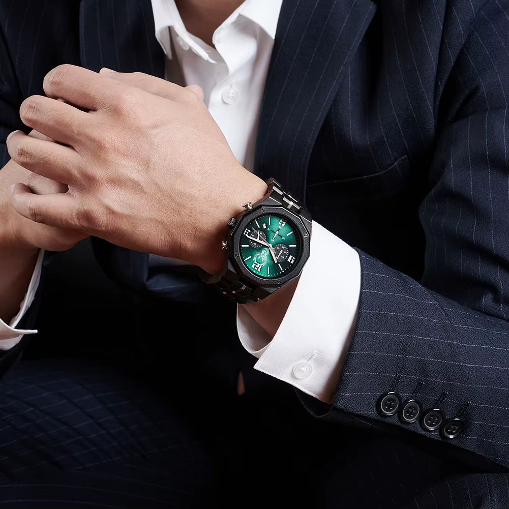 BUCK Men's Wooden Watch Japanese Movement New Top Fashion Quartz Wristwatch Chronograph Military Timepieces