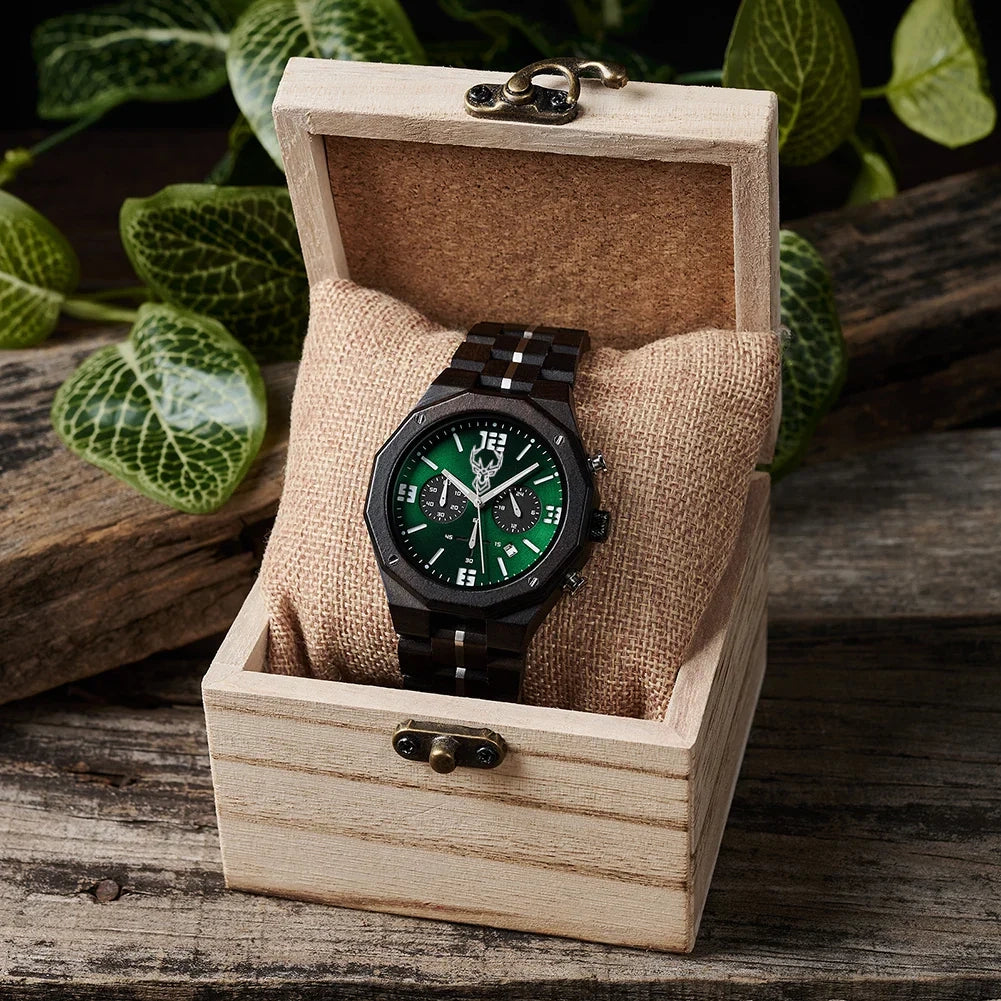BUCK Men's Wooden Watch Japanese Movement New Top Fashion Quartz Wristwatch Chronograph Military Timepieces