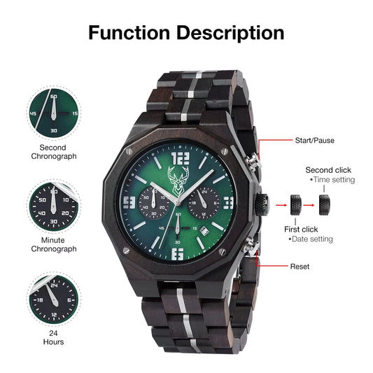 BUCK Men's Wooden Watch Japanese Movement New Top Fashion Quartz Wristwatch Chronograph Military Timepieces