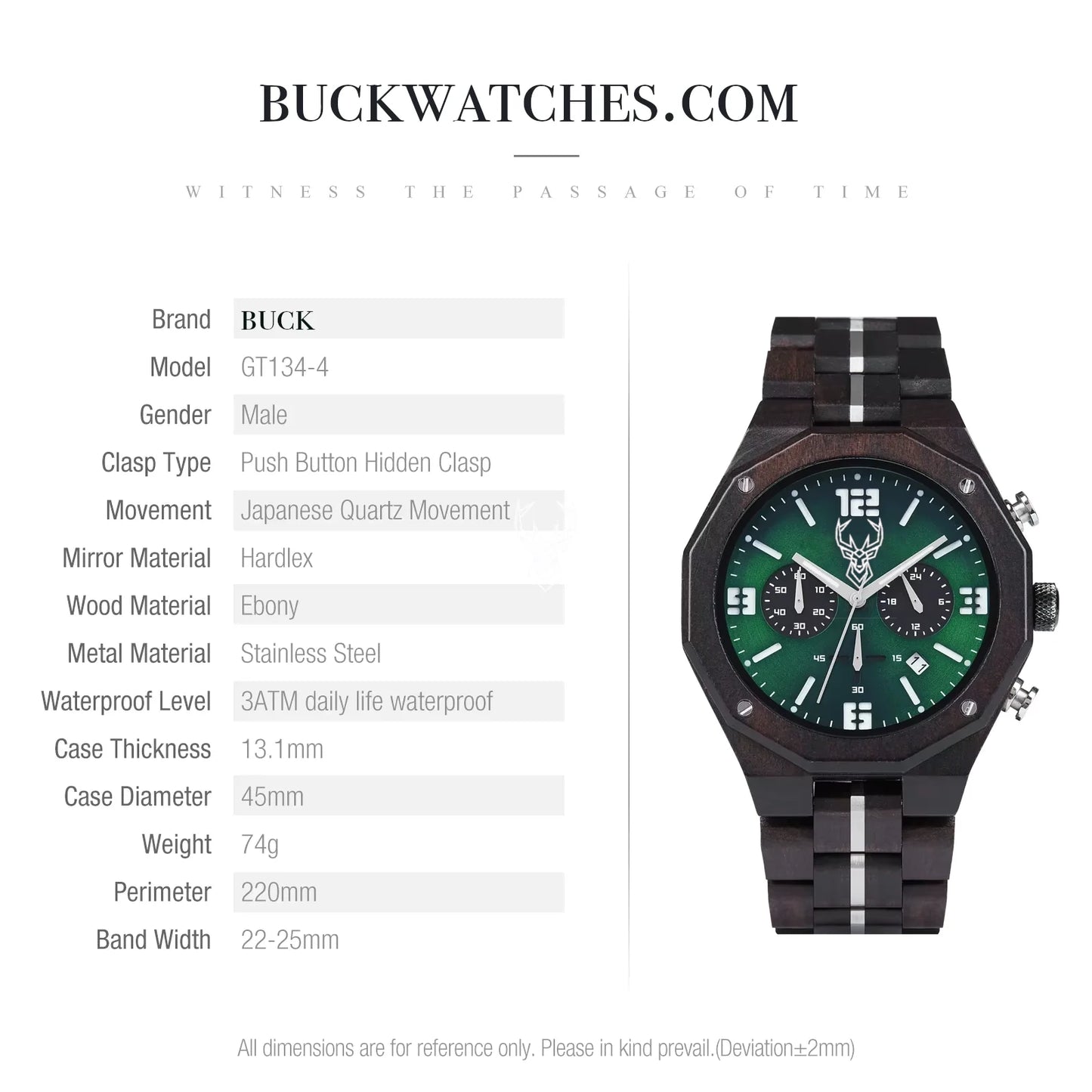 BUCK Men's Wooden Watch Japanese Movement New Top Fashion Quartz Wristwatch Chronograph Military Timepieces