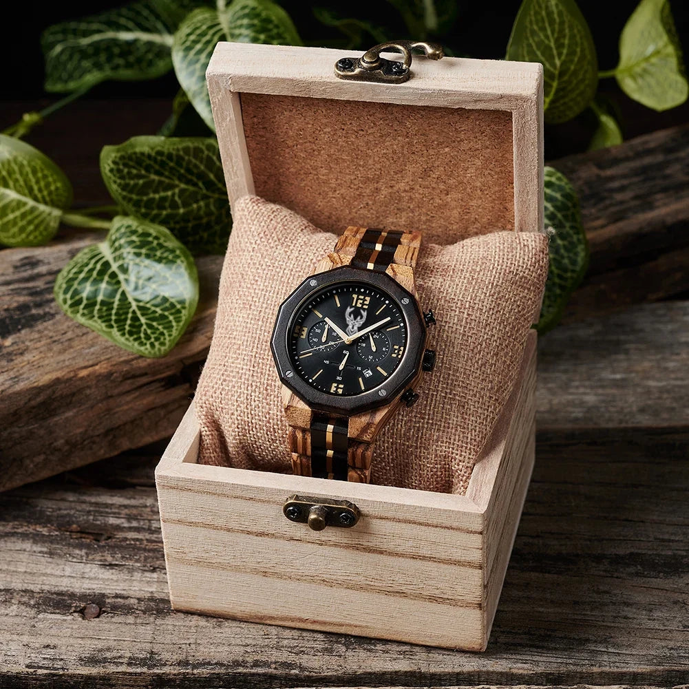 BUCK Men's Wooden Watch Japanese Movement New Top Fashion Quartz Wristwatch Chronograph Military Timepieces