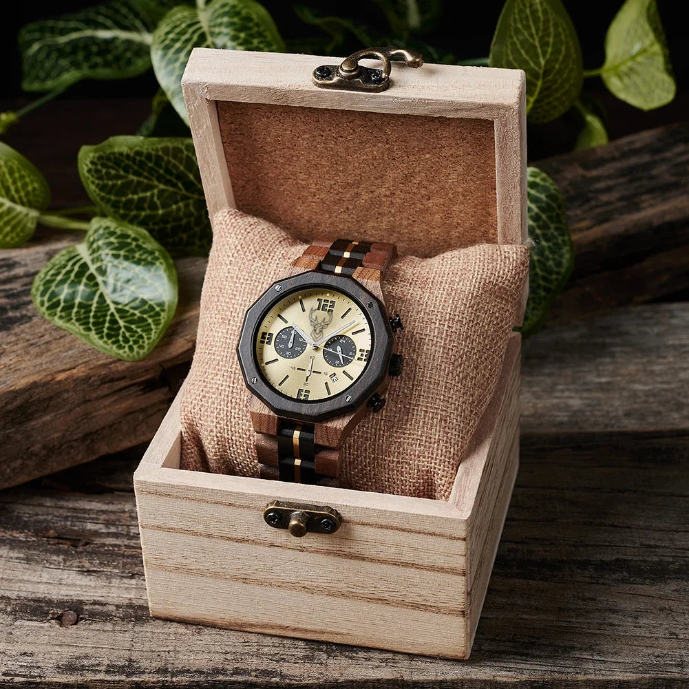 BUCK Men's Wooden Watch Japanese Movement New Top Fashion Quartz Wristwatch Chronograph Military Timepieces