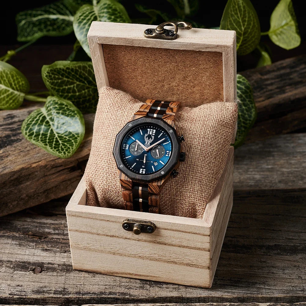 BUCK Men's Wooden Watch Japanese Movement New Top Fashion Quartz Wristwatch Chronograph Military Timepieces