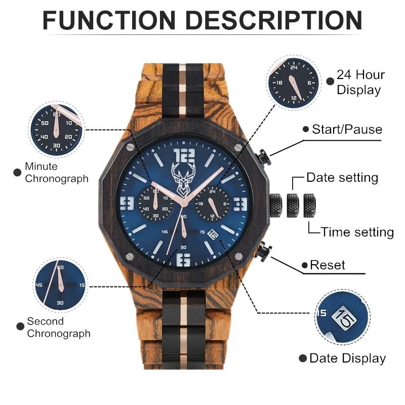BUCK Men's Wooden Watch Japanese Movement New Top Fashion Quartz Wristwatch Chronograph Military Timepieces