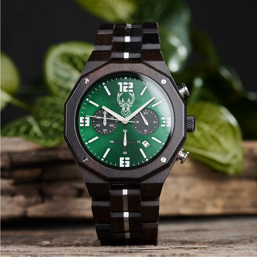 BUCK Men's Wooden Watch Japanese Movement New Top Fashion Quartz Wristwatch Chronograph Military Timepieces