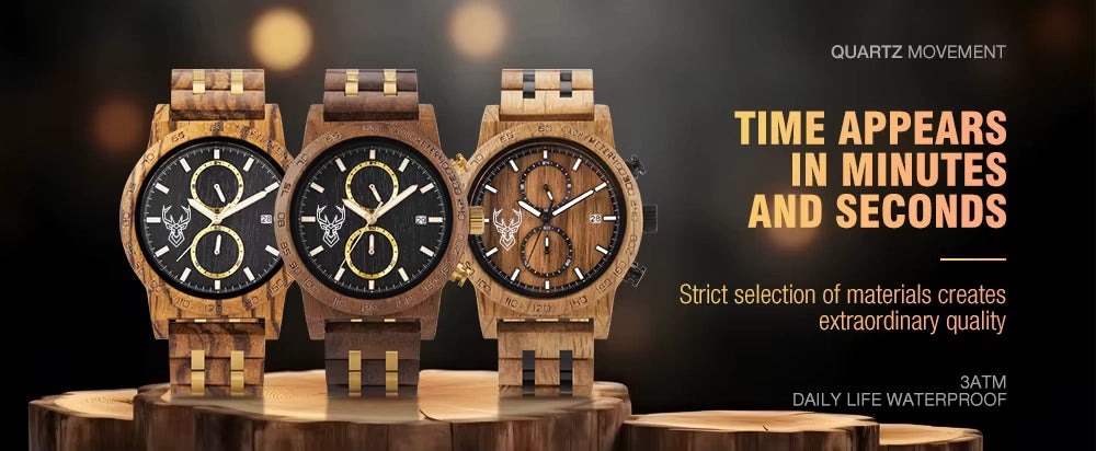 BUCK WATCHES Wood Watch Men Luxury Timepieces Chronograph Auto Date Male Quartz Wristwatches Great Gift For Men