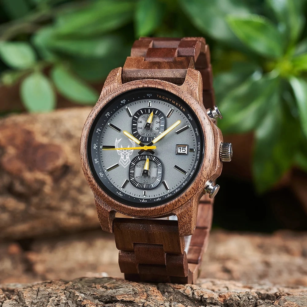 BUCK WATCHES Wood Watch Men Luxury Timepieces Chronograph Auto Date Male Quartz Wristwatches Great Gift For Men