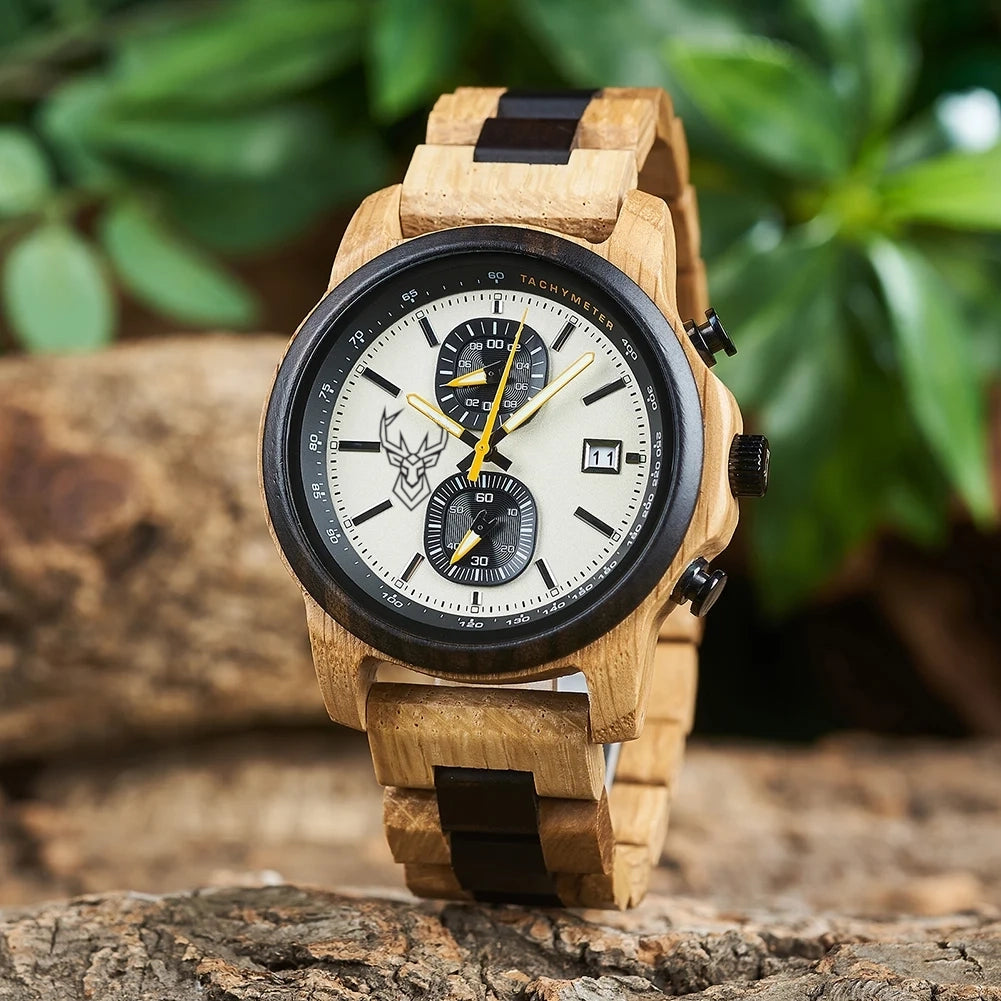 BUCK WATCHES Wood Watch Men Luxury Timepieces Chronograph Auto Date Male Quartz Wristwatches Great Gift For Men