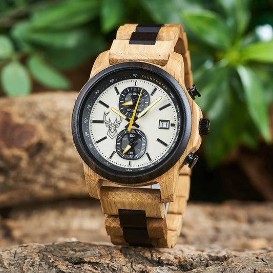 BUCK WATCHES Wood Watch Men Luxury Timepieces Chronograph Auto Date Male Quartz Wristwatches Great Gift For Men