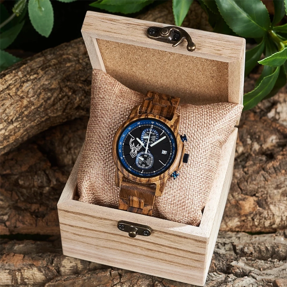 BUCK WATCHES Wood Watch Men Luxury Timepieces Chronograph Auto Date Male Quartz Wristwatches Great Gift For Men